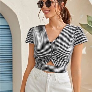 Twist front gingham peek a boo crop top